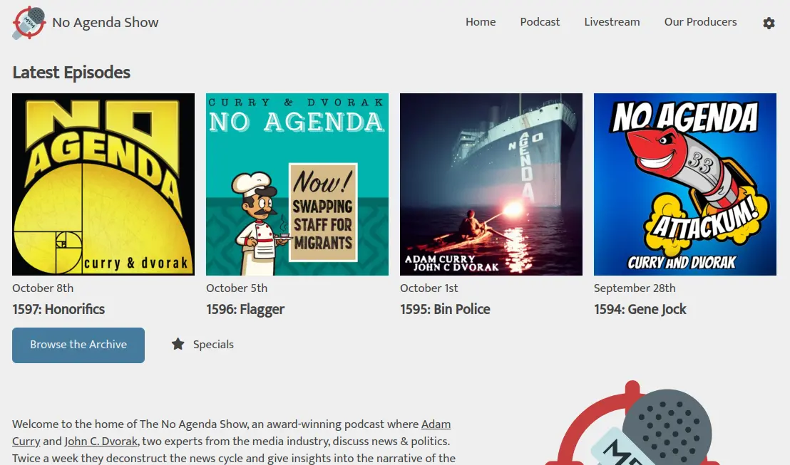 Screenshot of the No Agenda Show's website.